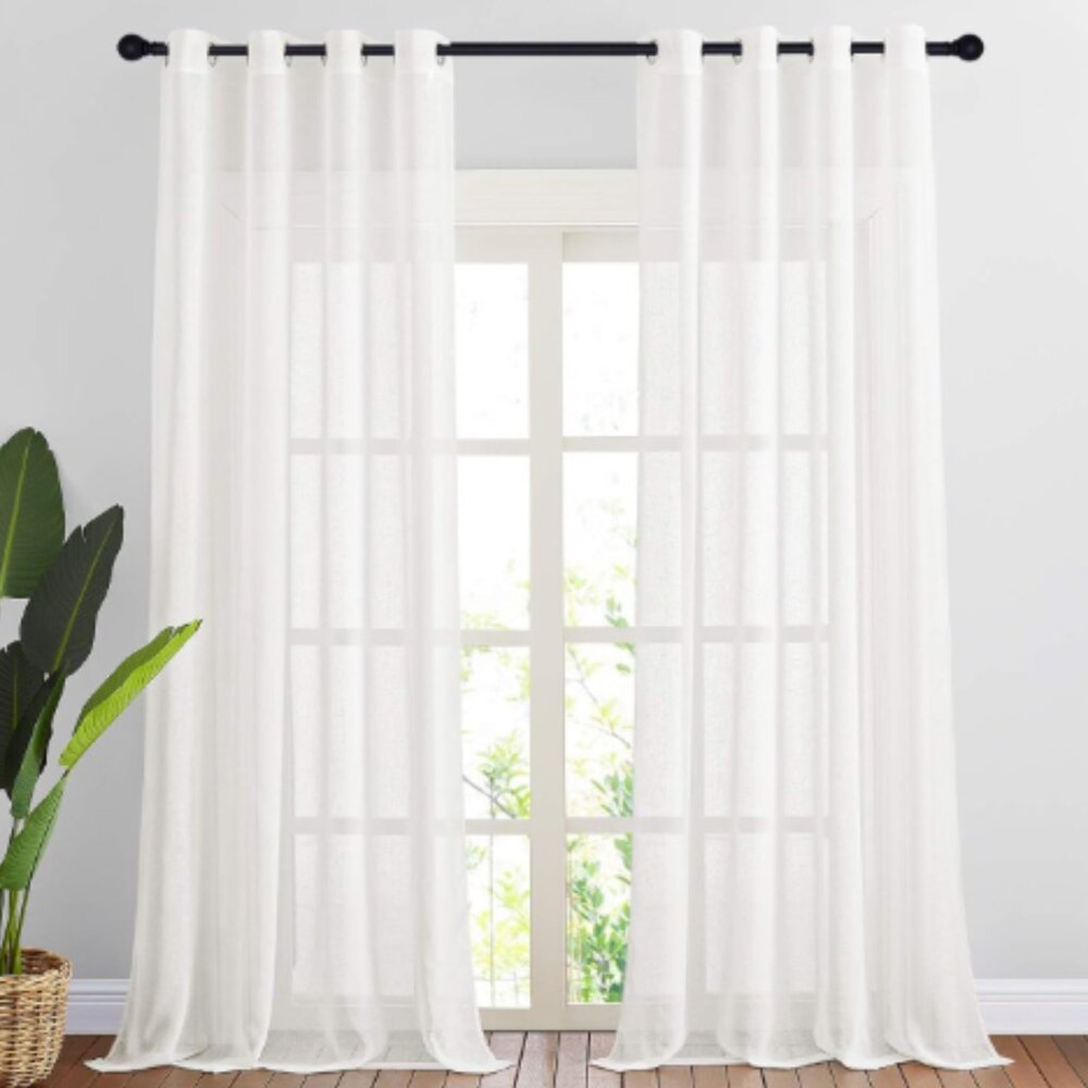 White Sheer Linen Look Curtain Panels 52 x 91 Curtains Drapes Grommets PAIR New